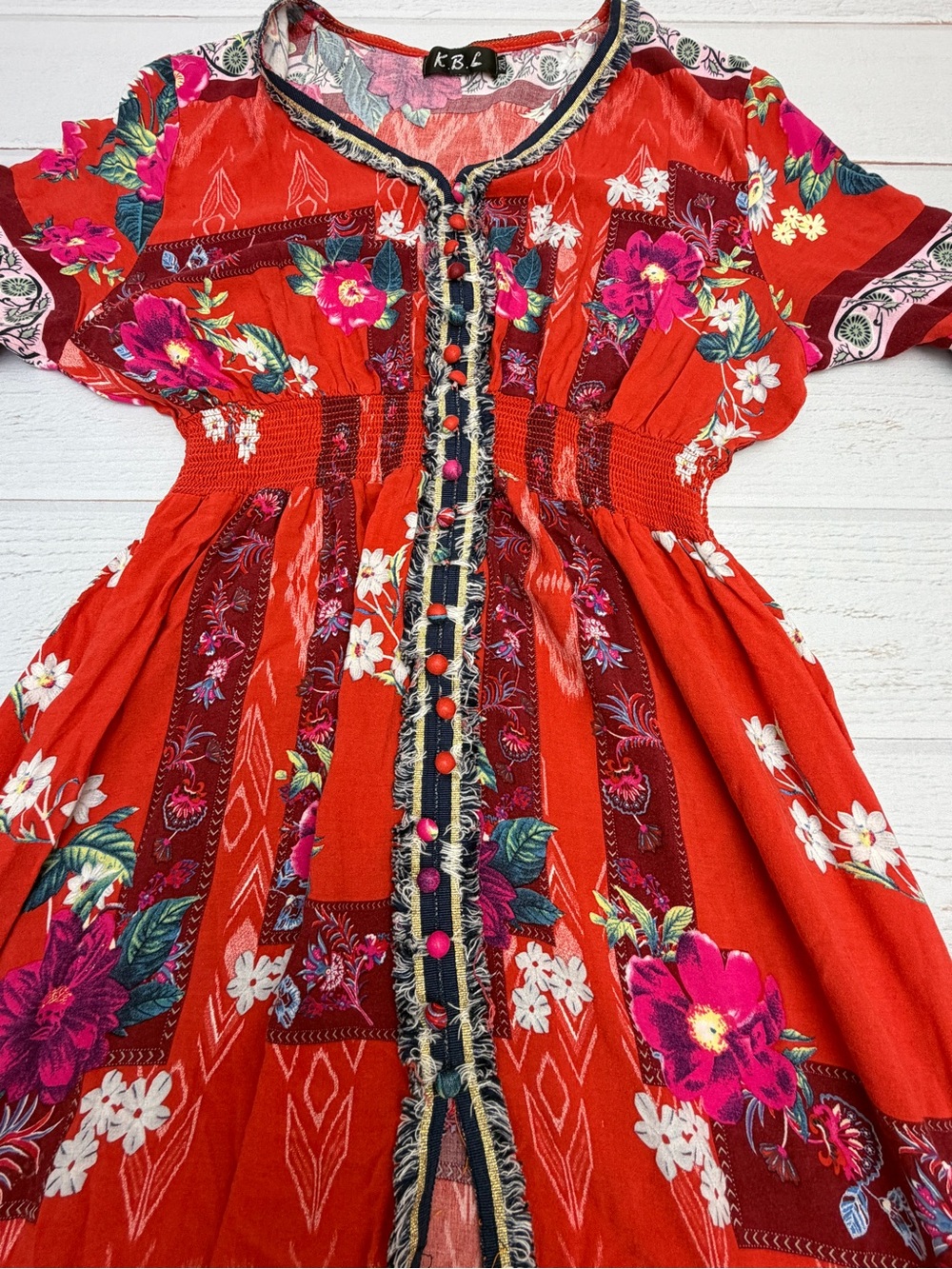 K.B.L. Floral Boho Maxi Dress 2XL Fits US Medium Smocked Waist Button Front